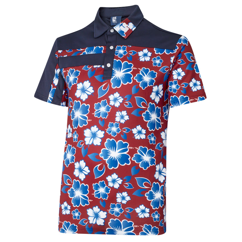 Buried Elephant Golf Polo - Red/Blue Hibiscus Flower print